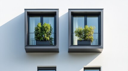 Modern Architecture with Green Plants in Stylish Window Boxes