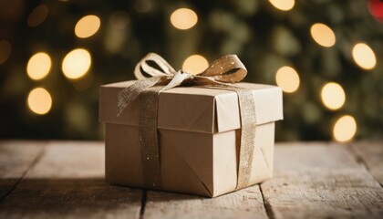 Close-up of a rustic gift box with a blurred holiday glow