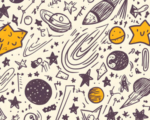 Hand-drawn space doodle seamless pattern background for kids textile.