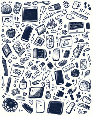 Hand-drawn tech gadgets, food, and nature elements collage; white background; website banner or social media post.