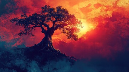 Majestic tree silhouetted against vibrant sunset, casting shadow