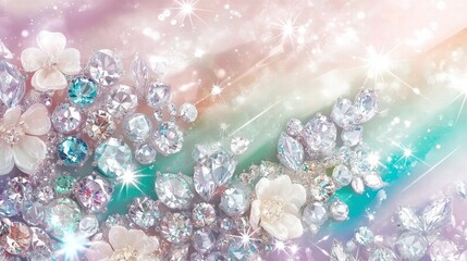 Sparkling gems and flowers create a dreamy, colorful background with soft light effects.