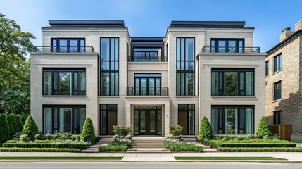 Fototapeta premium Elegant Modern Home with Large Windows and Lush Landscaping