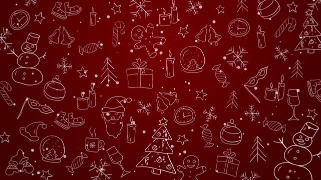 Animated hand drawn brush stroke Christmas icon pattern. Marker doodle in white color on red loop background.