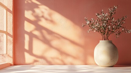 Minimalist vase with dried branches in sunlight