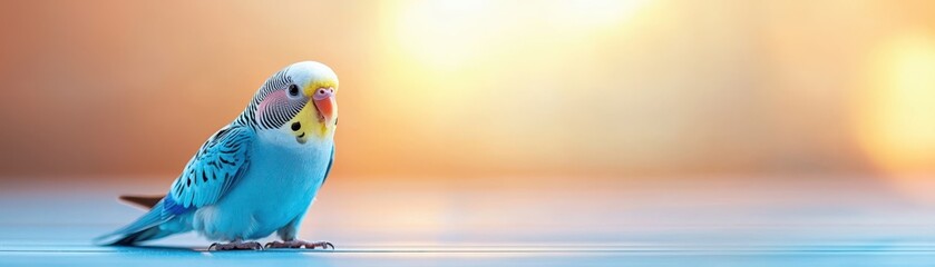 A vibrant budgie perched on a surface, showcasing its colorful feathers against a softly blurred background.