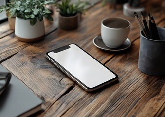 Smartphone Mockup. A blank smartphone screen on a workspace, perfect for presenting mobile app or web designs