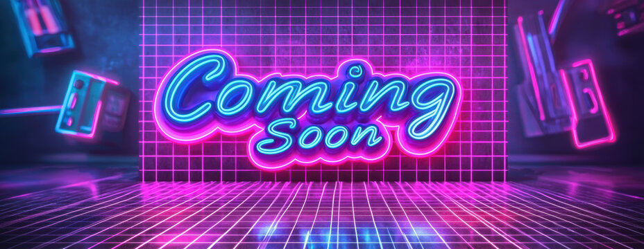 Retro 80s "Coming Soon" Banner with Neon Colors and Cursive Font Design for Posters