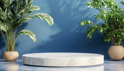 Obraz premium Elegant Marble Display Platform with Tropical Plants Blue Background
