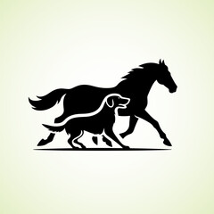 Horse and Dog running side by side, vector silhouette