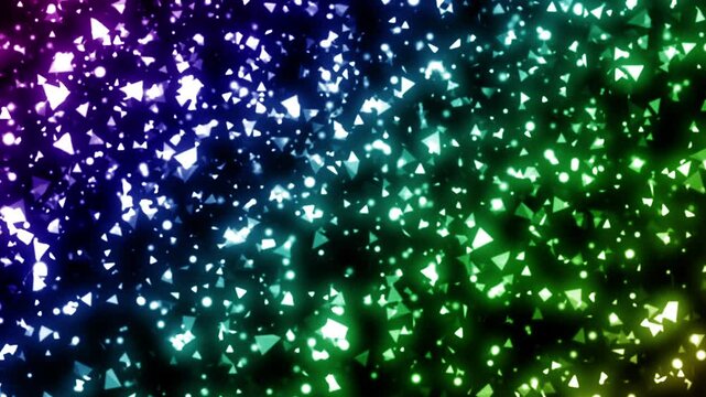 三角形のかけらが舞い上がるループ背景 虹色 黒背景