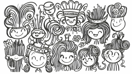 Happy diverse children's heads, doodle style, celebration background,  greeting card design.