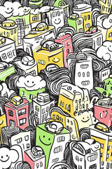 Fototapeta premium Happy Doodle Cityscape Illustration, Urban Background, Childrens Book, Pattern Design.
