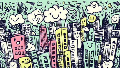 Fototapeta premium Happy Doodle Cityscape; whimsical illustration, urban background, website banner.