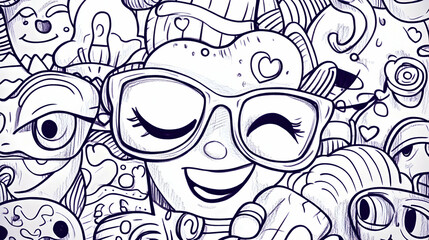 Happy Doodle Girl Glasses Background Pattern Design, Website, Social Media.