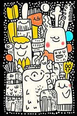 Happy Doodle Monsters Group Illustration, Black Background, Fun Design, Social Media Post.