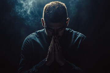 Obraz premium A man in a dark room with his hands clasped in prayer