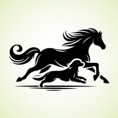 Horse and Dog running side by side, vector silhouette