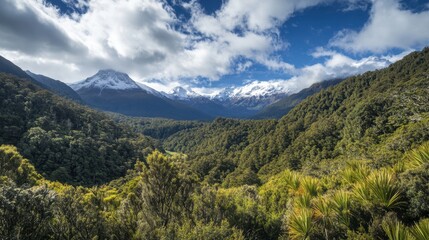 Naklejka premium Majestic Mountain Landscape with Lush Green Forest and Blue Sky