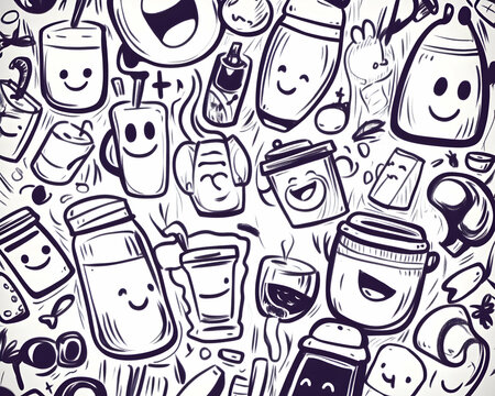 Happy Drinks Doodle Pattern, Cafe Background, Menu Design.
