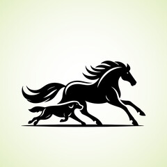 Horse and Dog running side by side, vector silhouette