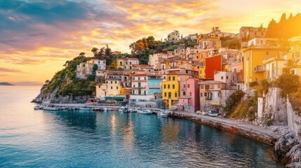 Obraz premium Scenic Coastal Village at Sunset with Colorful Buildings and Water