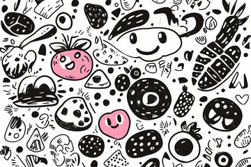 Naklejka premium Happy fruit doodles background illustration for kids food packaging design.