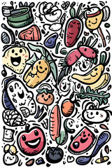 Obraz premium Happy fruits and vegetables doodle illustration, vibrant background, healthy eating concept, digital art.
