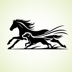 Horse and Dog running side by side, vector silhouette