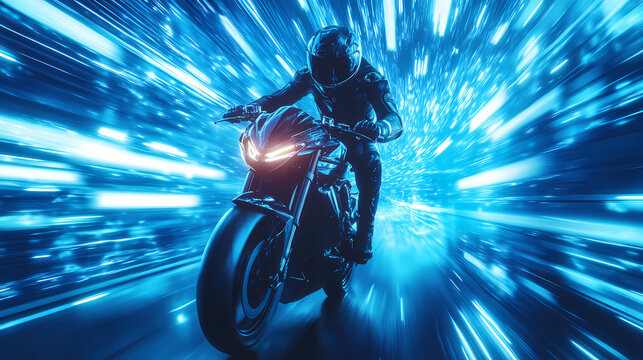 Dynamic motion of a motorbike rider in a futuristic blue environment, exemplifying speed and adventure. Oscillation. Illustration