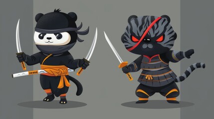 illustraction of techwear chibi panda ninjas robot mecha future JAPANESE VIBE detailed design for streetwaer and urban style t-shirts design