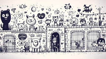 Obraz premium Happy Shelter Animals Sketch, playful background, adoption illustration.
