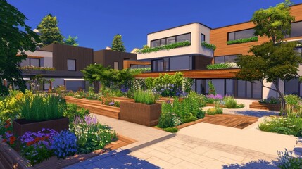 Obraz premium Modern Residential Architecture with Lush Garden and Greenery