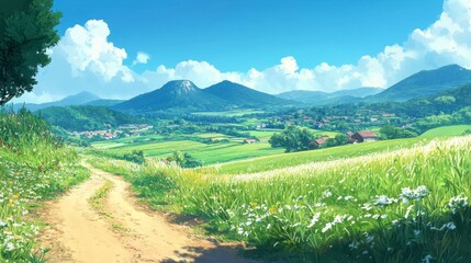 Serene Landscape View of Rolling Hills and Vibrant Green Fields