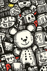 Happy Teddy Bear amidst Robot Crowd, Doodle Style, Tech Background, Graphic Design.