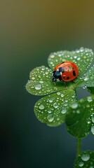 A ladybug crawls on a four-leaf clover, dew