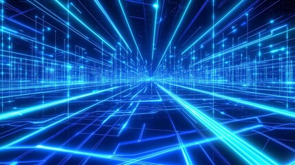 Abstract digital landscape with glowing blue lines forming a futuristic city.