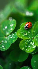 A ladybug crawls on a four-leaf clover, dew