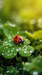 A ladybug crawls on a four-leaf clover, dew