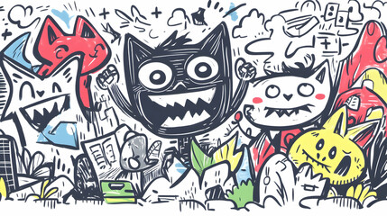 Joyful cartoon cats celebrating amidst city doodles;  website banner, blog header.