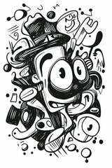 Joyful cartoon character doodle, whimsical background, graphic design element, t-shirt print.