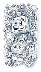 Joyful Cartoon Cube amidst Whimsical Cityscape,  Doodle Style Illustration, Background Design.