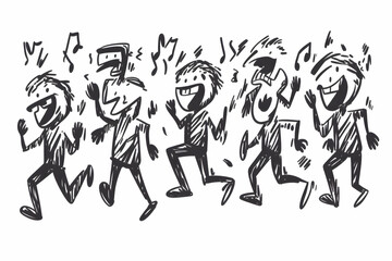 Joyful Cartoon People Dancing, Music Notes Background, Illustration, Website Design.