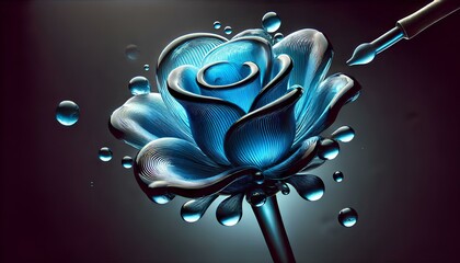 Glass blowing effect on a blue rose. The transparency and fluidity of glass conveys the essence of the object in artistic form.