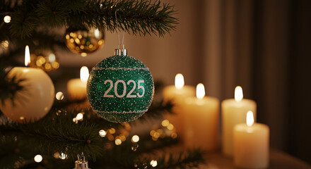2025 christmas celebration ornament hanging on christmas tree with candles