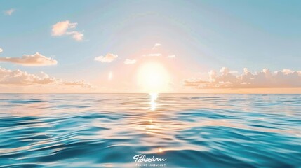 Obraz premium Serene ocean sunrise with calm water and soft clouds.