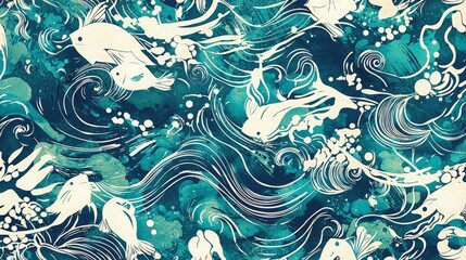 Abstract underwater scene with stylized fish and waves.