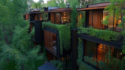 Naklejka premium Modern architecture with green vegetation covering buildings