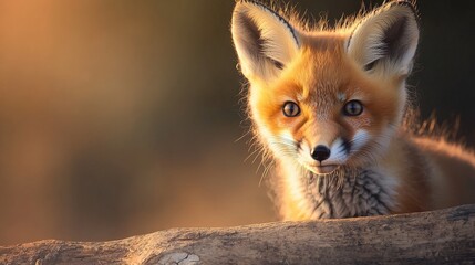 Fototapeta premium Adorable red fox kit peering from behind a log at sunset.