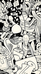 Obraz premium Monochrome abstract doodle art background design, urban scene, website banner.